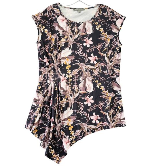 Kate Mallory Black Shirt Stretch Trendy Cottage Floral Sleeveless Women's Size L - Picture 1 of 7